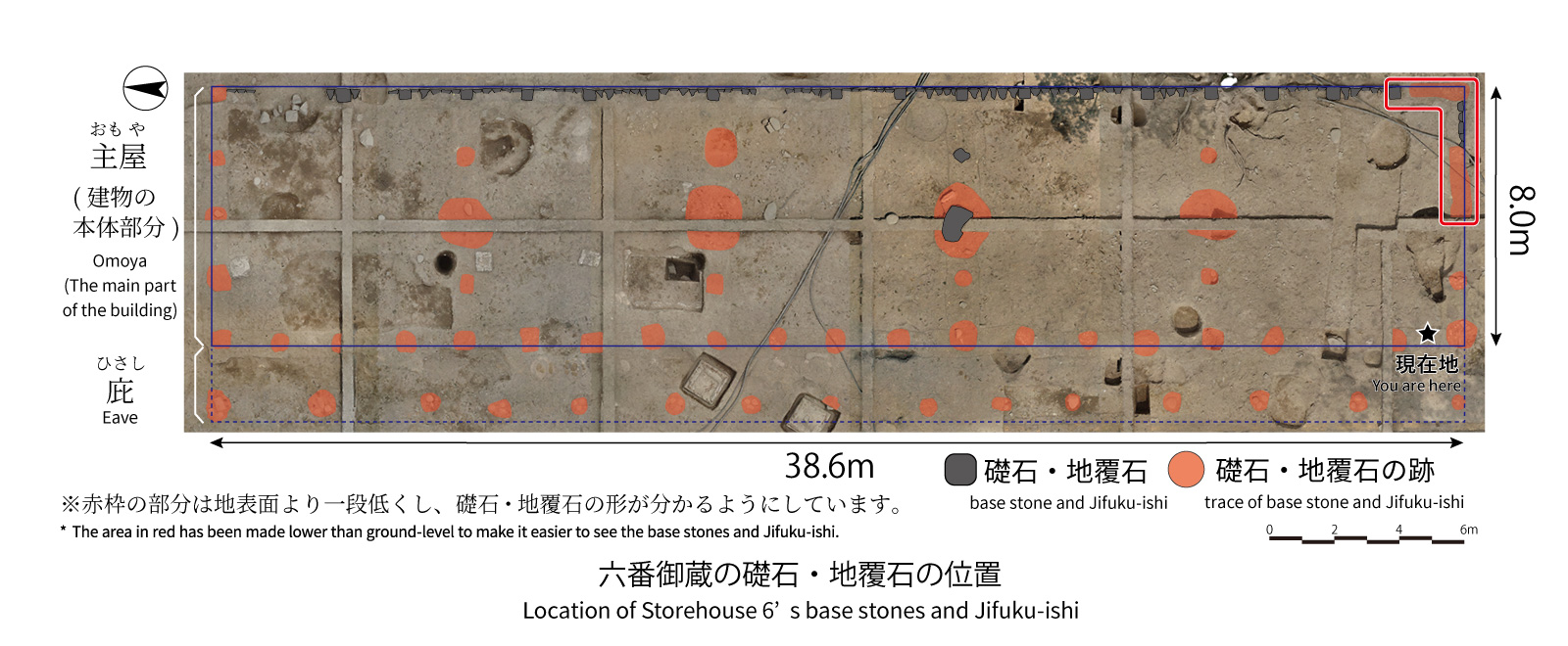 六番御蔵の礎石・地覆石の位置